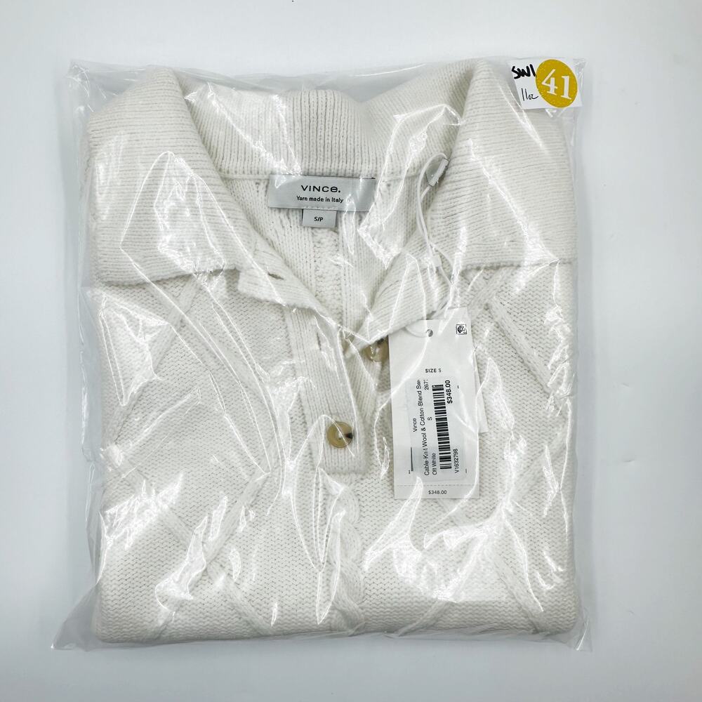 Vince Cable-Knit Wool Cotton Blend Collared Sweater Vest Off White S NWT Classic - Picture 4 of 4